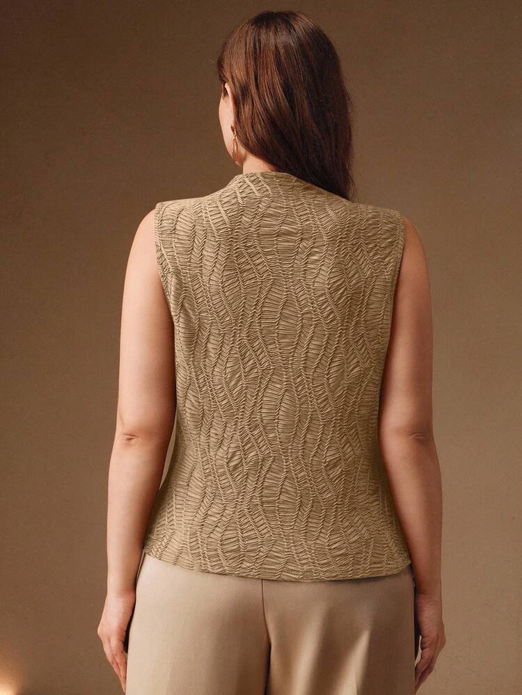 Plus Size Women's Khaki Christmas Solid Color Textured Fabric Sleeveless Ruffle Collar Fitted Tank Top, Suitable For Christmas, Fall, Winter, New Year, Elegant, Chic, Stylish, Christmas, Going Out, Winter Clothes For Women, Christmas