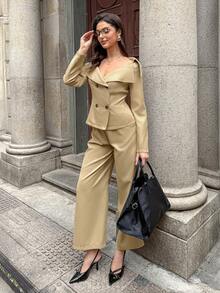 Firerie Bộ đồ nữ thanh lịch, tinh tế, sang trọng dành cho công sở, gồm áo khoác dài tay màu kaki cài khuy hai hàng và quần ống rộng cạp cao, thích hợp cho mùa Thu/Đông. - Màu Khaki - Xem 15