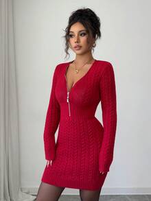 SHEIN PETITE Women's Vintage Stockholm Style Turtleneck Bodycon Knit Sweater Dress, Elegant Versatile Outfit For Dates, Work, Thanksgiving, Parties, Red V-Neck Zipper - Red - View 3