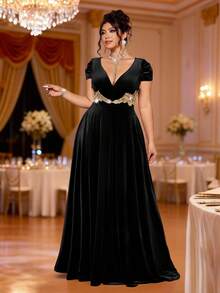 Cravure Đầm dạ hội nhung cỡ lớn dành cho nữ, cổ chữ V, đính sequin và viền bèo nhún, sang trọng, cao cấp. - màu đen - Xem 6