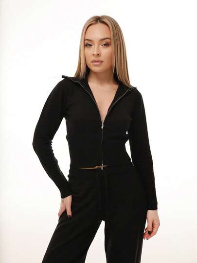 Katetique Set casual de 2 piezas de mujer consistente en un cárdigan de manga larga con cuello con cremallera de unicolor y pantalones de punto, para otoño/invierno
