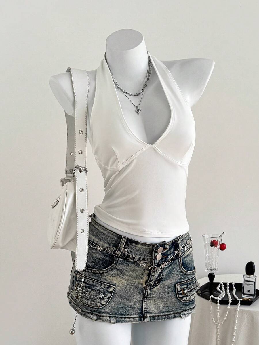 SHEIN EZwear Áo ba lỗ dáng ôm cổ chữ V màu trơn mùa hè dành cho nữ - trắng - Xem 1