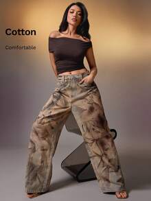 Denimoi Jeans de ajuste relajado con lavado abstracto, casual y elegante para uso diario - Azul lavado medio - Ver 1