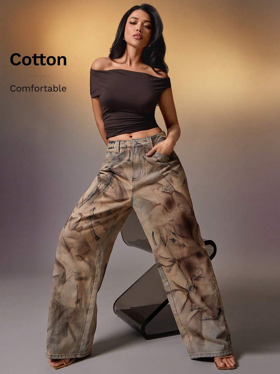 Denimoi Jeans de ajuste relajado con lavado abstracto, casual y elegante para uso diario - Azul lavado medio - Ver 1