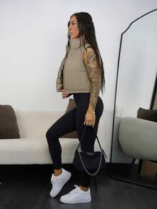 SAYEHFBABY 短版素色立領無袖填充外套，女款深秋休閒拉鍊領修身卡其色女式填充外套，冬季保暖/冬季時尚，小個子女性 - 卡其色 - 查看 6