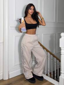 Ronhire Besticktes Muster, thermisch gefütterte, lässige, weite Damenhosen, Y2K Jogginghose, Baggy Jogginghose, Herbst - Khaki - Übersicht 1