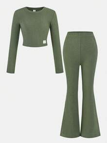 SHEIN 2pcs Tween Girls Casual Set: Crew Neck Long Sleeve T-Shirt + Flare Pants, Autumn/Winter Outfit - Army Green - View 10