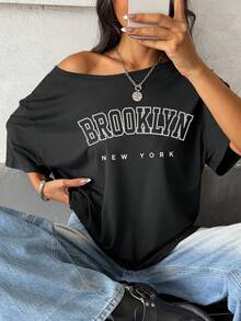 Flirla 女士不对称肩部短袖字母印花休闲上衣图案T恤女式上衣 - 黑色 - 查看 1