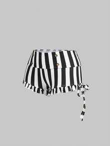 ROMWE Women's Black & White Striped Super Short Mini Ultra Low Waist Frill Trim Shorts - Black and White - View 5
