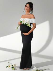 SHEIN Off-Shoulder Floral Maternity Photography Dress - Black and White - View 3
