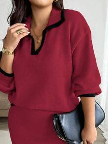 SHEIN LUNE Plus Size Women 2-Piece Set, Long Sleeve Color Block Collared V-Neck Sweater Top And Mini Skirt Sweater Dress, Casual Elegant Knit Suit - Burgundy - View 7