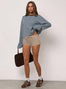 SHEIN BAE 女士夏季休闲度假条纹系腰短裤 - 卡其色 - 查看 4