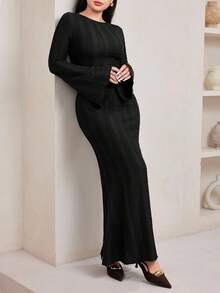 Veilorie 女士优雅提花喇叭袖连衣裙 - 黑色 - 查看 6