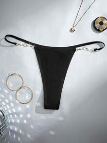女士性感珍珠链丁字裤，黑色 - 黑色 - 查看 1