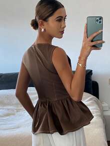 DAZY Women's Sleeveless Fitted Top, Autumn/Winter - Coffee Brown - View 2