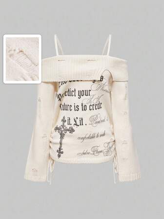Goth Kpop Punk Ripped Cross Text Fitted Off Shoulder Strap Sweater