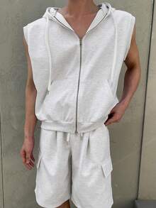 DAZY Men's Solid Color Hooded Cardigan & Tank Top Set, Summer - Grey - View 3