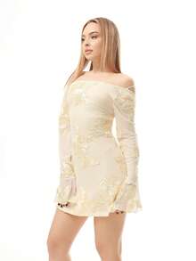 Katetique 网眼印花喇叭袖束腰优雅女式连衣裙 - 黃色 - 查看 6