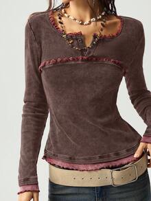 Bohemela 女士休闲针织撞色蕾丝长袖修身衬衫 - 棕色 - 查看 2