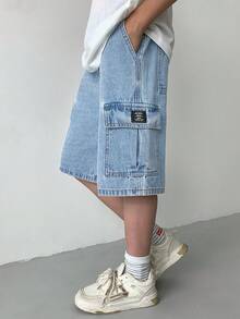 SHEIN Tween Jungen Mode Lässig Y2K Vintage Cool Workwear Taschen Design Merkmale blaue locker und bequeme Workwear Jeans Shorts, weiche Alltagskleidung für Sommer und Frühling, Rave Festival und Strand - Helle Waschung - Übersicht 7