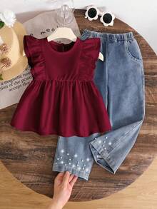 SHEIN Genkimix Kids 两件套：少女可爱简约休闲荷叶边无袖上衣和时尚铆钉牛仔裤 - 酒紅色 - 查看 3