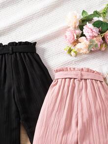 SHEIN 2pcs/Set Girls Textured Fabric Straight Leg Pants, Pink & Black, Comfortable Casual Everyday Wear - Multicolor - View 8