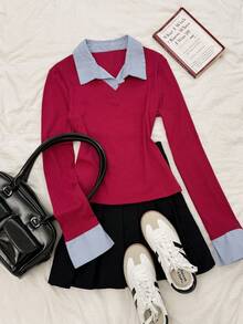 Muvela Women's Striped Shirt Collar Red Knit Patchwork 2 In 1 Long Sleeve Top, Retro College Style, Back To School Season, Old Money Vibe, Casual Daily Wear, Christmas, Autumn Red Top, Office, Commute - Red - View 2