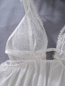 Romantic Lace Patchwork 2pcs Sexy Lingerie Dress Set Underwear Outer For Going Out - White - View 8