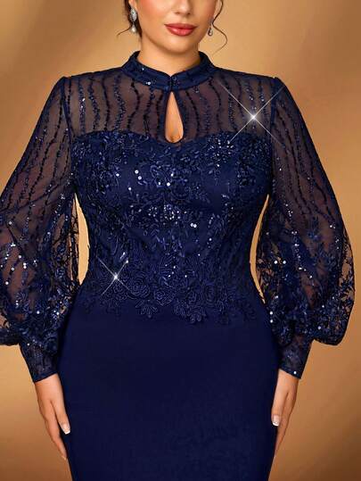 Serin Plus Size Elegant Romantic Blue Teardrop Collar Puff Sleeve Luxury Sequin Patchwork Knit Fabric Waist Applique Mermaid Hem Dress, Suitable For Wedding, Party, Celebration, Mother Of The Bride Gown, Valentine's Day
