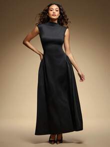 Hauture Women's High Neck Elegant Office Daily Going Out Pleated Hem Structured Maxi Dress - Black - View 2