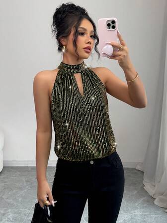 Rafferiza 女士优雅亮片无袖衬衫，适合节日派对、聚会、约会和外出活动