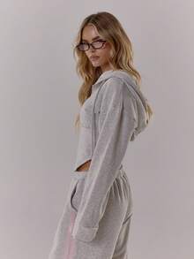 MUSERA Balloon Sleeve Contrast Pipping Cinched Waist Hooded Sweatshirt Casual, Airport, Loungewear, Back To School, Fall  Lounge Winter Spring - Grey - View 4