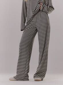 MUSERA 阔腿条纹系带腰裤 可爱酷女孩舒适日常干净女孩休闲田园风复古奶油糖色春季裤装 - 黑與白 - 查看 3