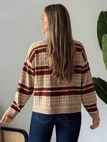 Vivie Lora Women's Off Shoulder Striped Loose Knit Sweater - Khaki - View 3