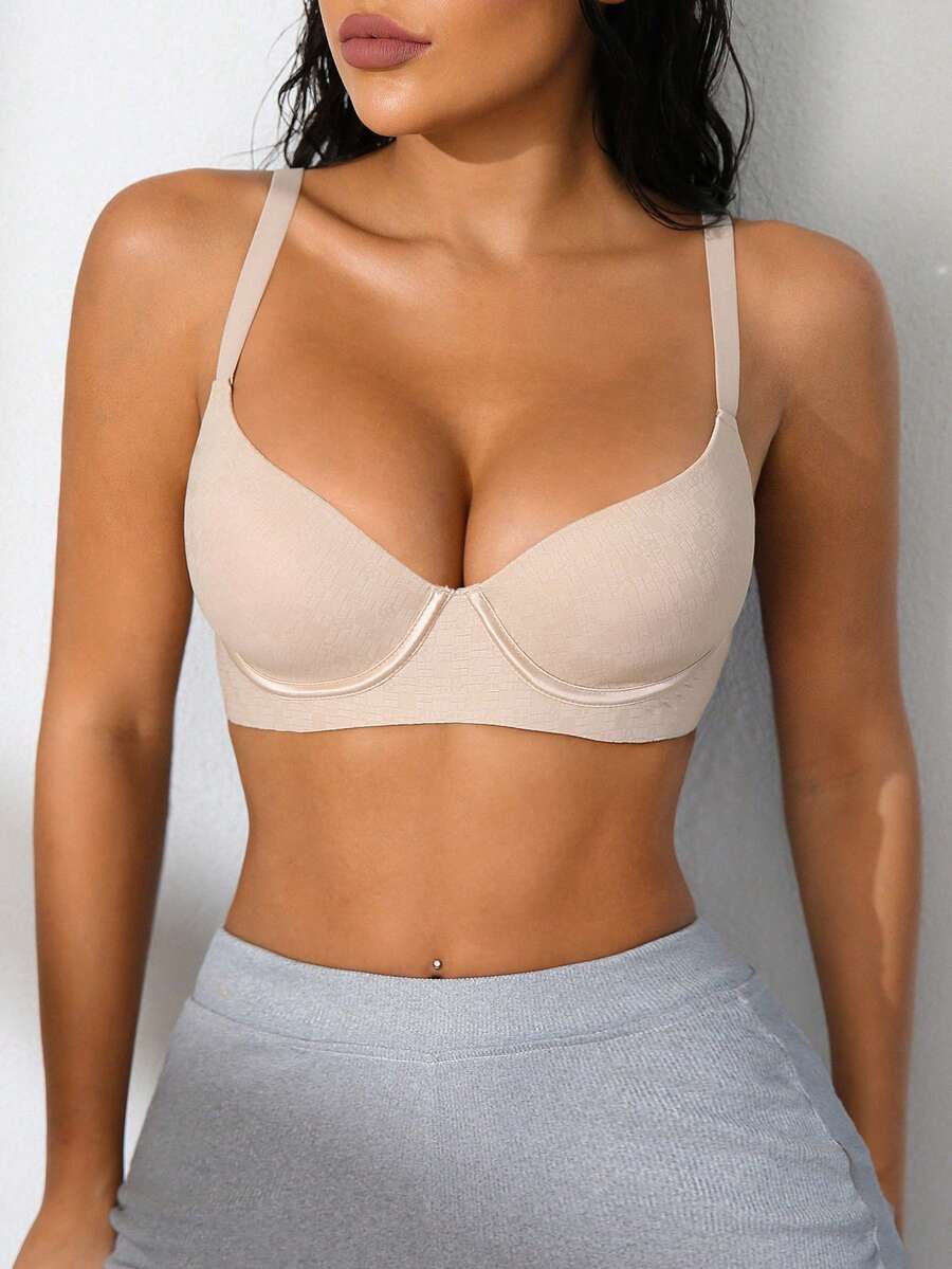 1pc Women's Solid Color Simple Everyday Push-Up Underwire Bra - Apricot - View 1