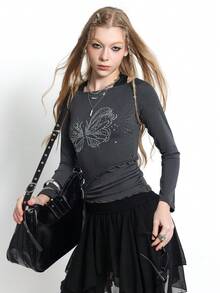2pcs/Set Fitted Fashion Design Frill Trim Long Sleeve Printed Pullover Top - Multicolor - View 5