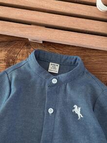 2 Pieces Babyboy Cute Summer Casual Versatile Simple Urban Long-Sleeve Stand Collar Shirt And Shorts Set Suitable For Birthday Parties, Galas, Performances, Weddings, Full Moon Celebrations, Baptisms, And First Birthday Celebrations/Baby Showers Baby Casual Sets Dusty Blue Outfit For Toddlers Boys Blue Vintage Baby Boy Outfit Toddler Boy Linen Set Baby Boy Button Down Shirt And Shorts - Blue - View 5