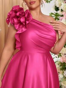 Lovelzi Plus Size Women's Elegant Romantic Red Satin One-Shoulder Pleated Exaggerated 3D Floral A-Line Midi Dress, Suitable For Formal Balls, Galas, And Parties - Hot Pink - View 4