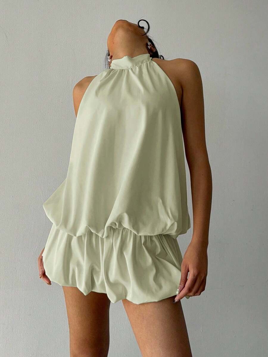 Aloruh Women's Simple Solid Color Halter Backless Bubble Hem Mini Dress, Summer - Green - View 1