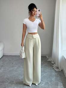 Elenzga 女士优雅双色竹纤维面料腰部拼接设计教师制服休闲裤，适合秋冬季派对、新年、情人节、复活节等休闲场合穿着。 - 杏色 - 查看 6