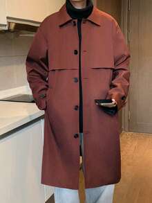 Claim Dot 男士纯色落肩长袖前开襟纽扣简约设计风衣 - 紅木色 - 查看 3