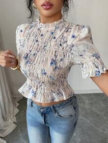 Elenzga 女士夏季新款纹理碎花度假风休闲荷叶边泡泡袖衬衫 - 彩色 - 查看 5