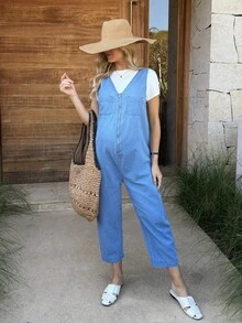 SHEIN Maternity Casual Sleeveless Denim Jumpsuit - Blue - View 7