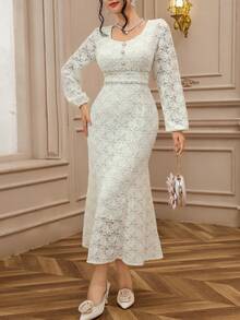 DAZY 高端法式时尚优雅串珠V领长袖仿皮草蕾丝美人鱼连衣裙长款吊带裙 - 米色 - 查看 5