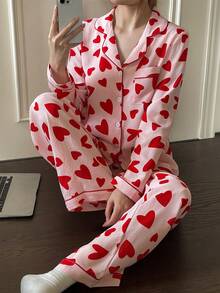 Dream Adore Red Heart Print Bubble Crinkle Women Long Sleeve Pajama Set Heart Pajama Set Pajamas Set For Woman Valentine's Day Pajamas Set - Red - View 4
