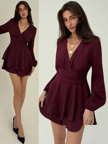 Aloruh 优雅梅紫色V领长灯笼袖双层下摆短款连体裤，女士情人节服装 - 中紫紅色 - 查看 10