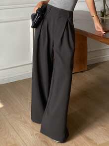 DAZY Women's Pleated Wide Leg Pants, Elegant Loose Solid Color Trousers For Spring & Autumn - Dark Grey - View 6