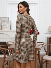EMERY ROSE 女士优雅复古格子收腰长袖连衣裙，秋季款 - 彩色 - 查看 2