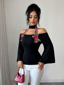 Elenzga Women's Elegant Round Neck Halter Open Shoulder Black T-Shirt With Red Flower And Green Leaf Lace Trim Flare Sleeves, Suitable For Spring, Summer, Autumn, Winter, Party, New Year, Thanksgiving, Wedding Season, Valentine's Day, Easter, Casual Wear - Black - View 7