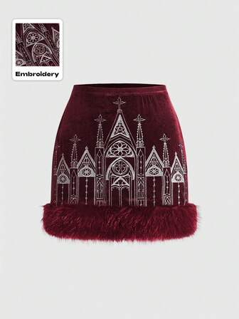 Jupe mini gothique vintage en velours moulante avec broderie de croix et effet volumineux